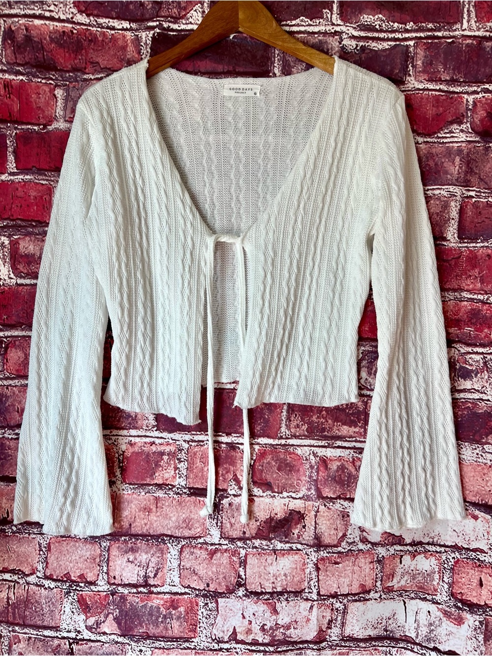 Good Days Project White Pointelle Cable Knit Tie Front Bell Sleeve Cardigan XL